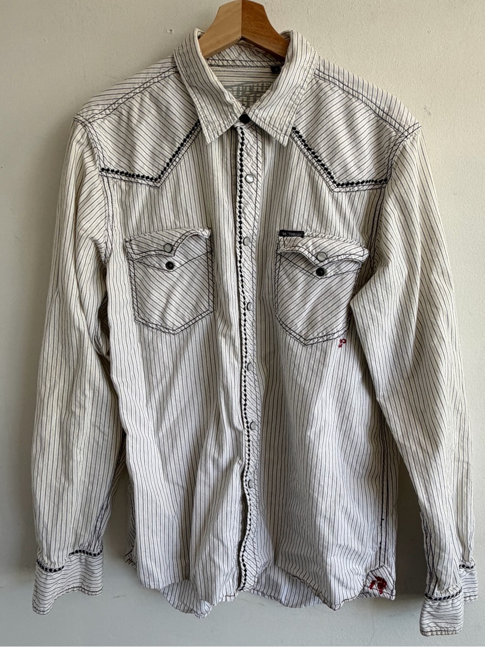 Men's White Pinstriped Western-Style Button-Down Shirt
